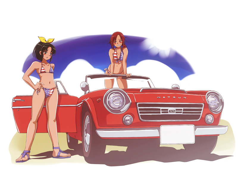 10s, 2girls, alternate_costume, american_flag, american_flag_bikini, american_flag_print, averting_eyes, bikini, blue_bikini, car, datsun, day, embarrassed, fairladyz, flag_print, flag_print_bikini, front-tie_bikini_top, front-tie_top, full_body, green_eyes, green_hair, h26r, half-closed_eyes, halterneck, hand_on_own_hip, high_ponytail, hino_akane_(precure), long_hair, low_ponytail, midorikawa_nao, motor_vehicle, multiple_girls, nissan, nissan_fairlady, outdoors, parted_bangs, ponytail, precure, print_bikini, raised_eyebrows, red_bikini, red_eyes, red_hair, sandals, short_hair, side-tie_bikini_bottom, skindentation, smile_precure!, standing, string_bikini, striped_bikini, striped_clothes, swimsuit, thighs, vehicle_focus, white_bikini