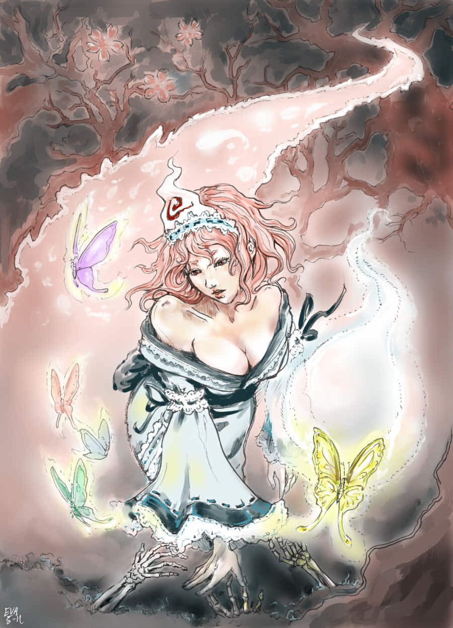 1girl, bare_shoulders, breasts, bug, butterfly, cleavage, eva-st-clare, female_focus