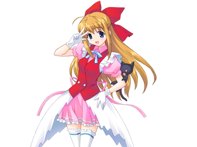 1girl, alice_soft, blue_eyes, brown_hair, cat, dress, female_focus, galzoo_island, long_hair, mutsumi_masato, ribbon, solo, sour, thighhighs, v, white_background