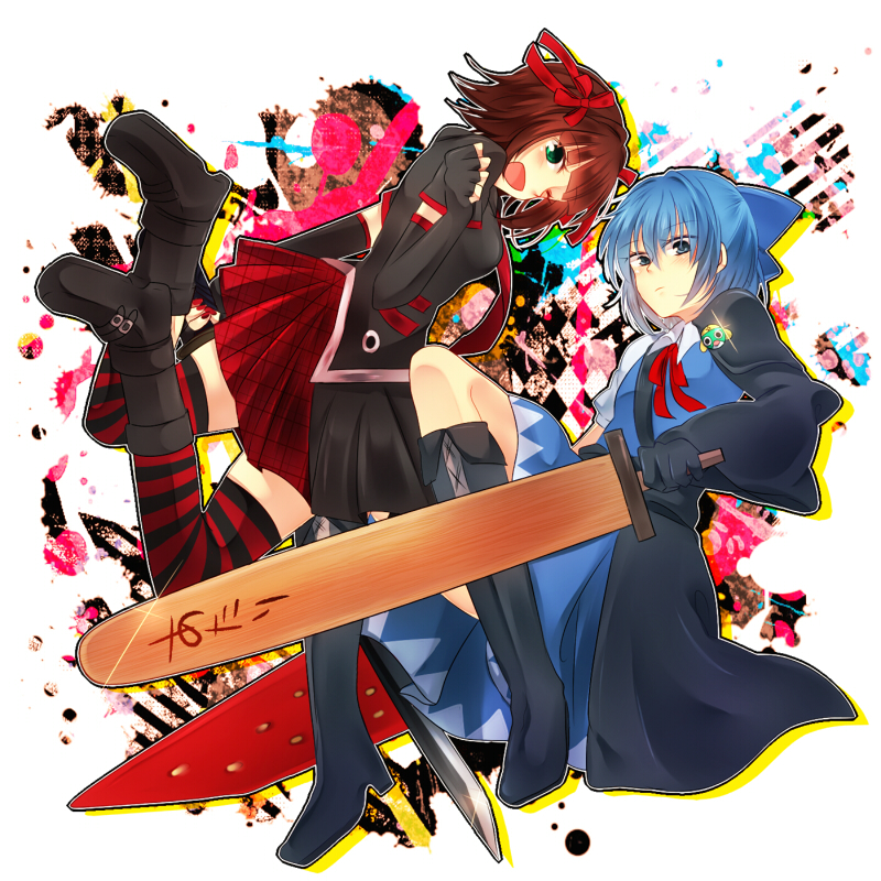 2girls, advent_cirno, amami_haruka, blue_dress, blue_eyes, blue_hair, boots, bow