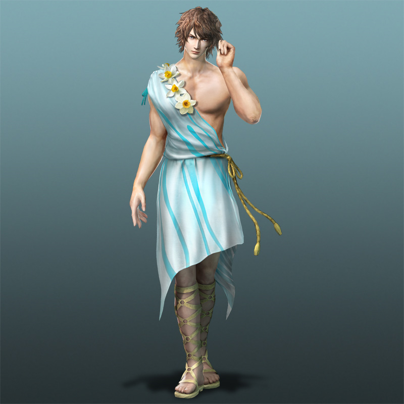 1boy, flower, gradient_background, grey_background, looking_at_viewer, male_focus, narcissus, shin_sangoku_musou