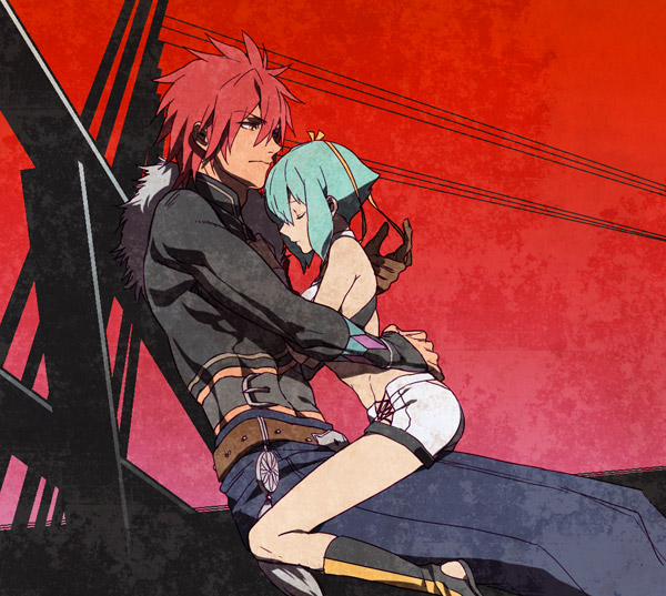 10s, 1boy, 1girl, aquarion_(series), aquarion_evol, belt, boots, breast_press, breasts, closed_eyes, gloves, green_hair, hair_ribbon, hand_on_another's_chest, kagura_demuri, medium_breasts, mogutanabe, red_hair, ribbon, short_hair, sitting, sitting_on_lap, sitting_on_person, zessica_wong