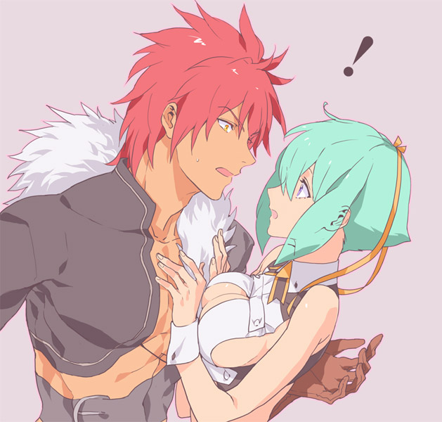 !, 10s, 1boy, 1girl, aquarion_(series), aquarion_evol, breast_press, breasts, cleavage, cleavage_cutout, clothing_cutout, gloves, green_hair, hair_ribbon, hand_on_another's_chest, kagura_demuri, medium_breasts, mogutanabe, purple_eyes, red_hair, ribbon, short_hair, zessica_wong