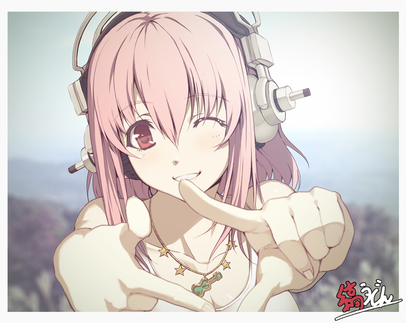 1girl, female_focus, finger_frame, headphones, long_hair, looking_at_viewer, nitroplus, one_eye_closed