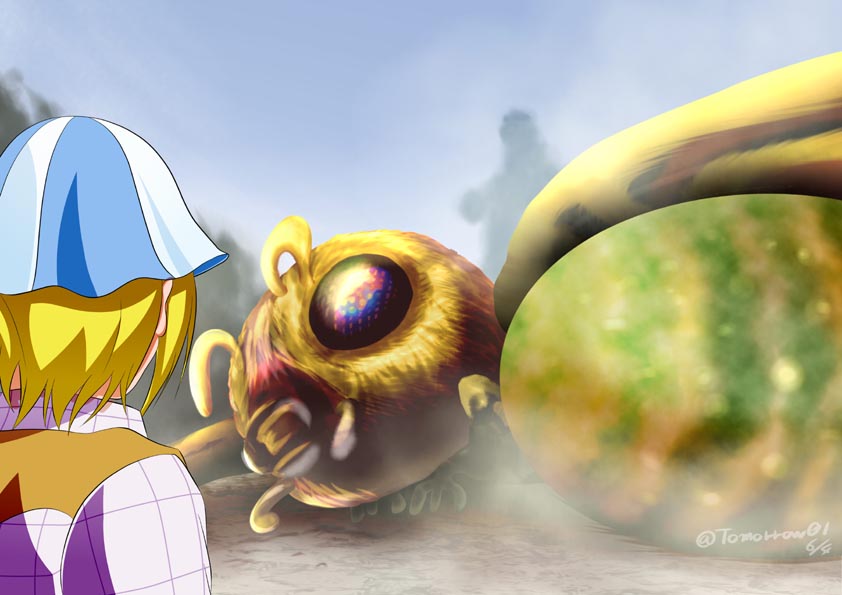 1boy, artist_name, blonde_hair, bug, dated, dokidoki!_precure, egg, godzilla