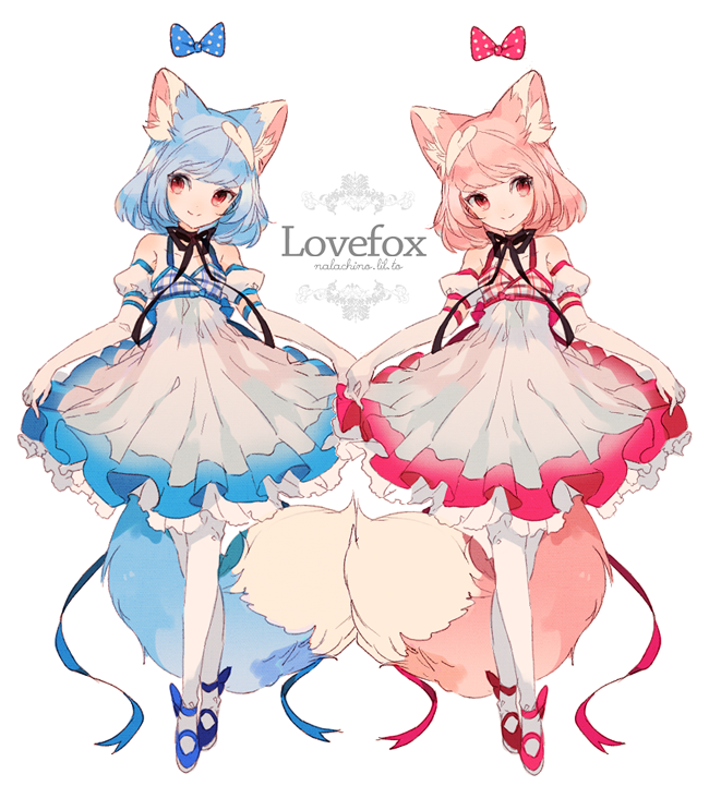2girls, animal_ears, blue_hair, bow, choker, detached_sleeves, dress, english_text