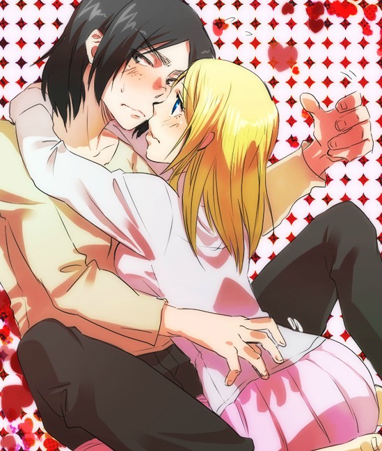 2girls, casual, krista_lenz, freckles, hair_down, hug, jpeg_artifacts, komio_(do@ho)