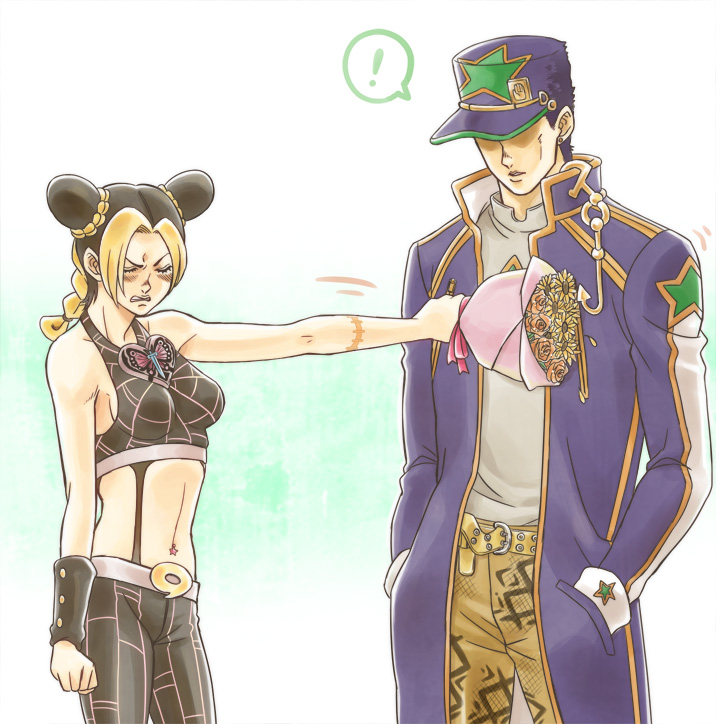 !, 1boy, 1girl, black_hair, blonde_hair, blush, bouquet, double_bun, father's_day, father_and_child, father_and_daughter, flower, hair_bun, hat, jojo_no_kimyou_na_bouken, kuujou_jolyne, kuujou_joutarou, long_coat, midriff, multicolored_hair, nora_(act2), parent_and_child, snakeskin_print, two-tone_hair