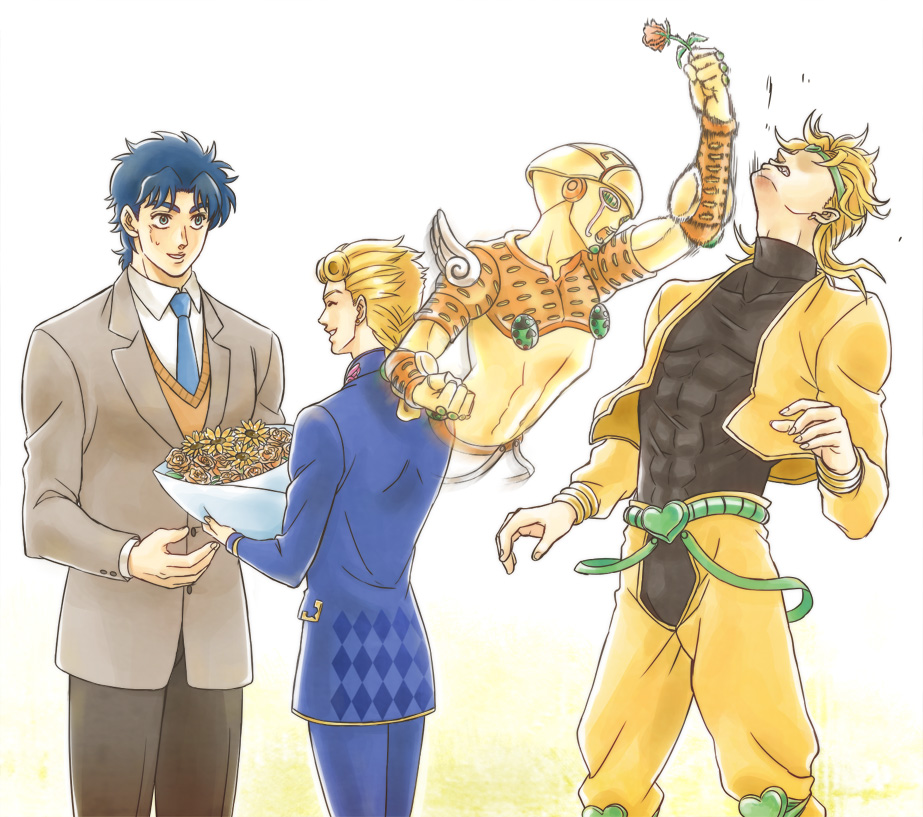 4boys, blonde_hair, blue_eyes, bouquet, can't_choose_your_own_family, dio_brando, family_bonding, father's_day