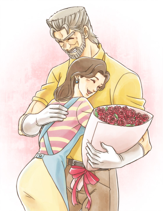 1boy, 1girl, beard, bouquet, brown_hair, facial_hair, family_bonding, father's_day