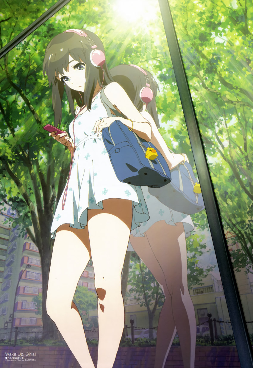10s, 1girl, absurdres, bag, bare_shoulders, black_hair, blue_eyes, building