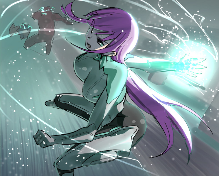 1girl, bent_over, bodysuit, cosplay, female_focus, long_hair, megurine_luka, nyx_(warframe), nyx_(warframe)_(cosplay), otoi_rekomaru, purple_eyes, purple_hair, solo, sweat, very_long_hair, vocaloid, warframe