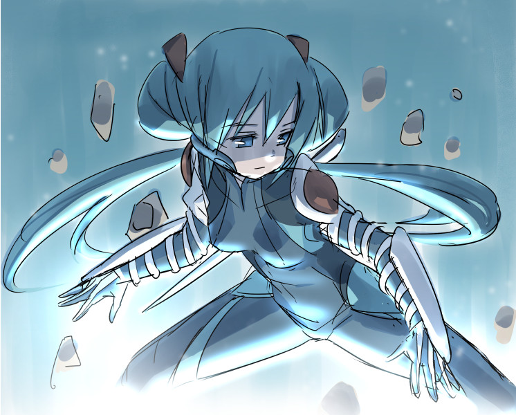 1girl, aqua_eyes, aqua_hair, bodysuit, cosplay, debris, female_focus, hatsune_miku, long_hair, mag_(warframe), mag_(warframe)_(cosplay), otoi_rekomaru, solo, very_long_hair, vocaloid, warframe