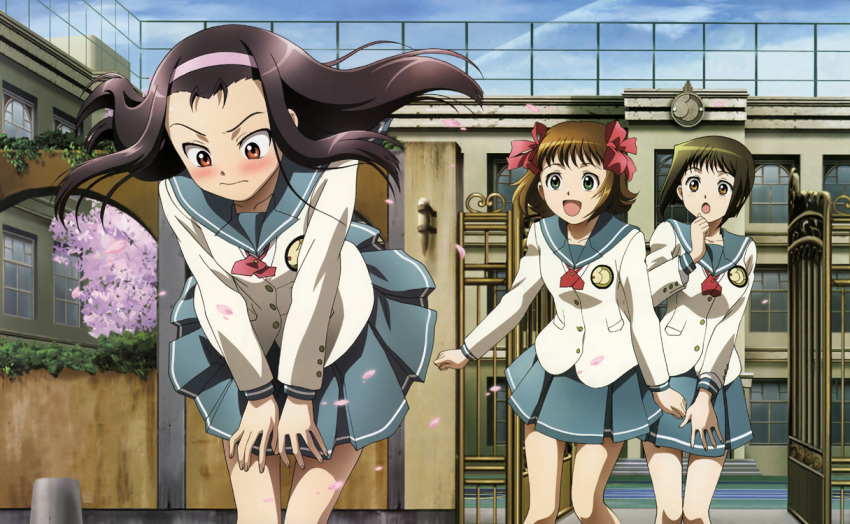 00s, amami_haruka, amami_haruka_(idolmaster_xenoglossia), blush, cherry_blossoms, embarrassed, hagiwara_yukiho, hagiwara_yukiho_(idolmaster_xenoglossia)