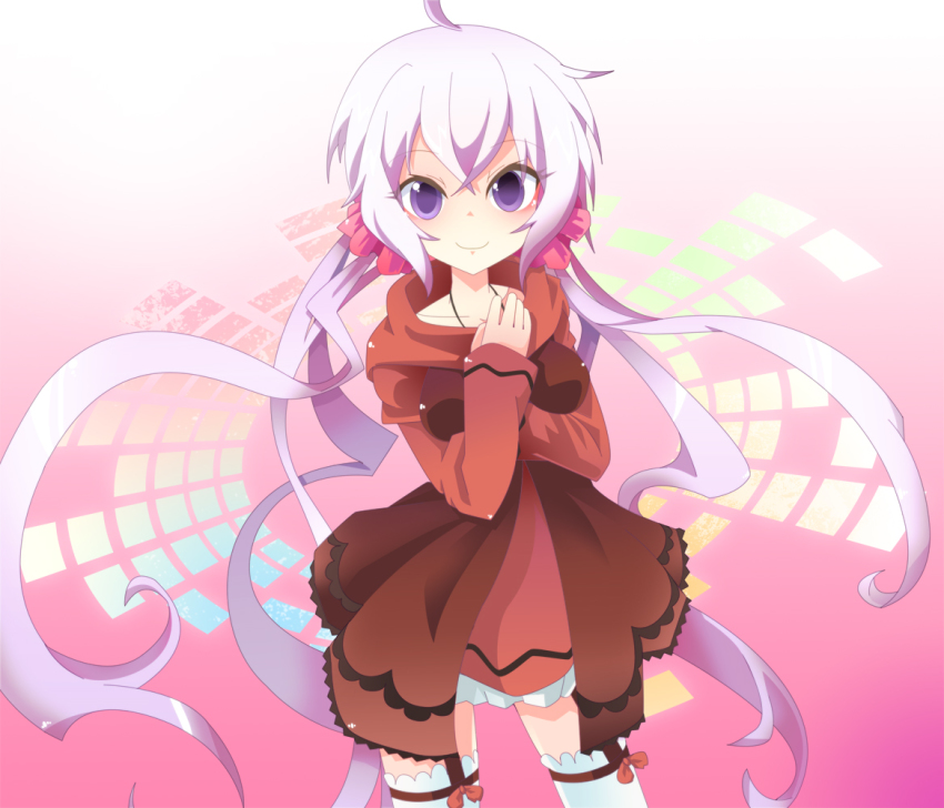 10s, 1girl, dress, female_focus, hair_ornament, long_hair, looking_at_viewer, purple_eyes, red_dress, red_skirt, ribbon, ryoto_soukyuu, senki_zesshou_symphogear, silver_hair, skirt, solo, thighhighs, twintails, white_thighhighs, yukine_chris