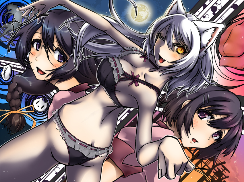 10s, 1girl, animal_ears, bakemonogatari, bakeneko, black_hair, black_hanekawa, blush