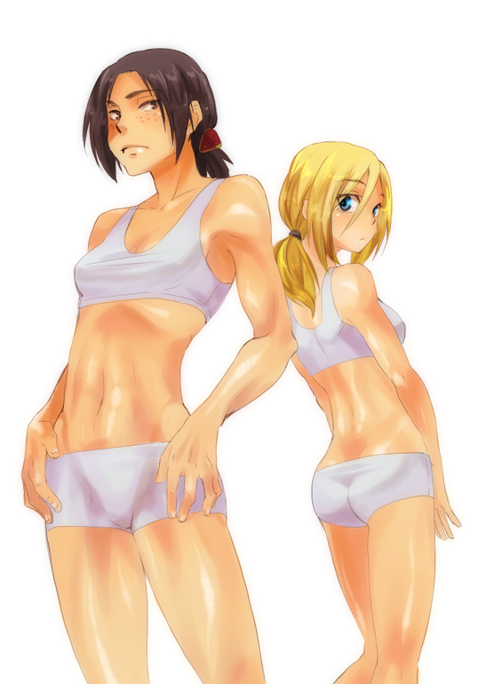 2girls, bad_id, bad_pixiv_id, black_hair, blonde_hair, freckles, hair_between_eyes, komio_(do@ho), krista_lenz, looking_back, midriff, multiple_girls, ponytail, shingeki_no_kyojin, shiny_skin, short_hair, sports_bra, white_background, ymir_(shingeki_no_kyojin)