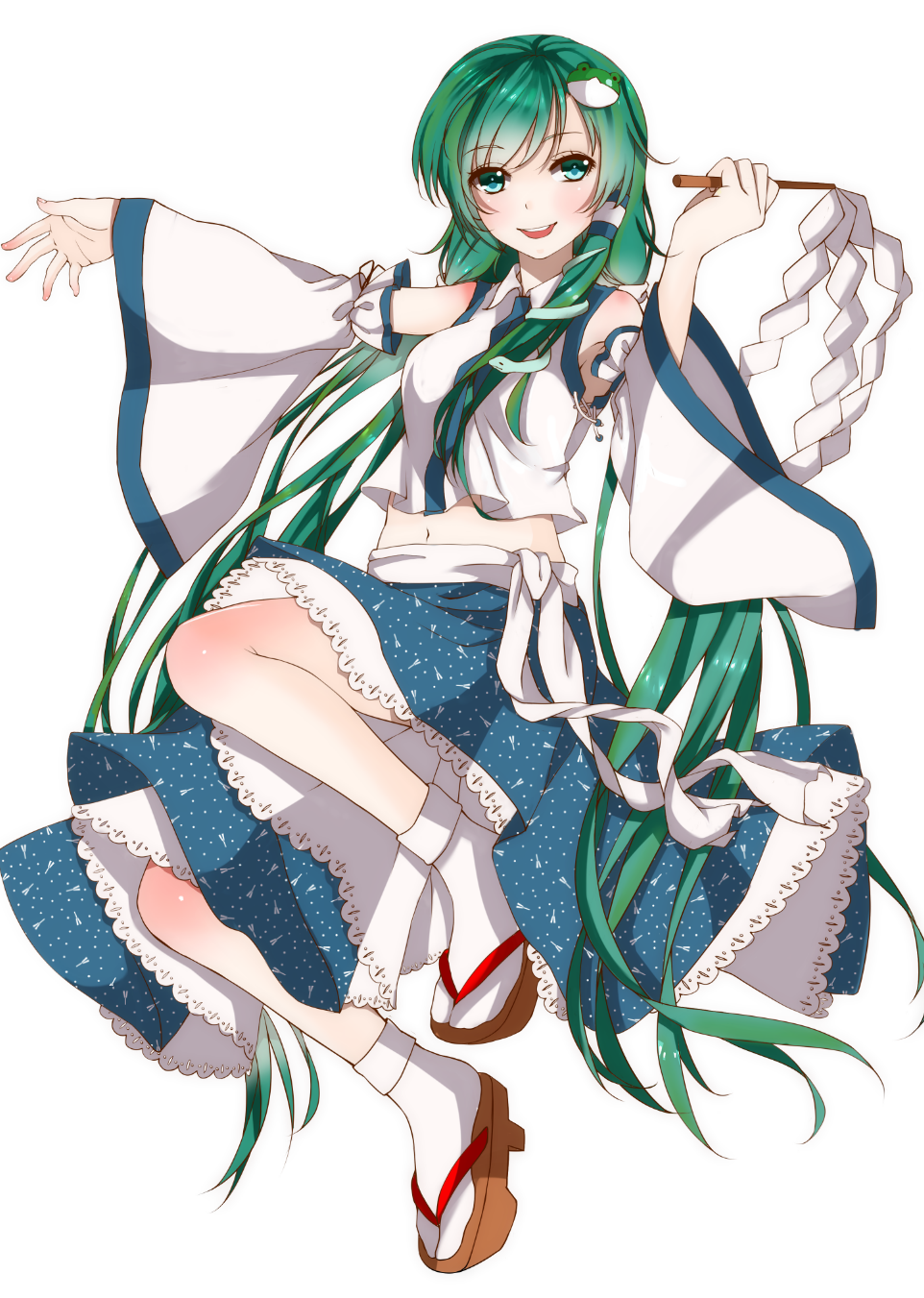 1girl, bad_id, bad_pixiv_id, blush, breasts, clog_sandals, colorized, detached_sleeves