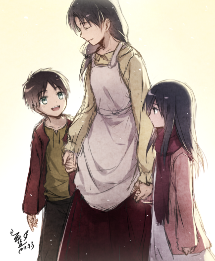 1boy, 2girls, aged_down, apron, black_hair, brown_hair, carla_yeager, child, closed_eyes, daphine78805, eren_yeager, green_eyes, holding_hands, jacket, long_hair, looking_at_another, low-tied_long_hair, mikasa_ackerman, mother_and_child, mother_and_son, multiple_girls, open_mouth, pants, parent_and_child, scarf, shingeki_no_kyojin, shirt, short_hair, skirt, smile
