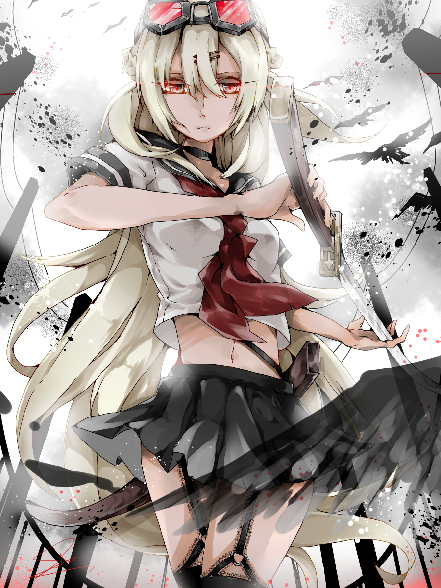 1girl, bad_id, bad_pixiv_id, bird, black_thighhighs, blonde_hair, choker, crow