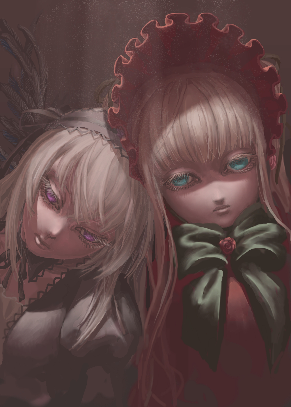 bad_id, bad_pixiv_id, blonde_hair, bonnet, bow, brooch, doll, feathers, flower, green_eyes, highres, jewelry, pink_eyes, rose, rozen_maiden, shigeyama_mohachi, shinku, suigintou, white_hair