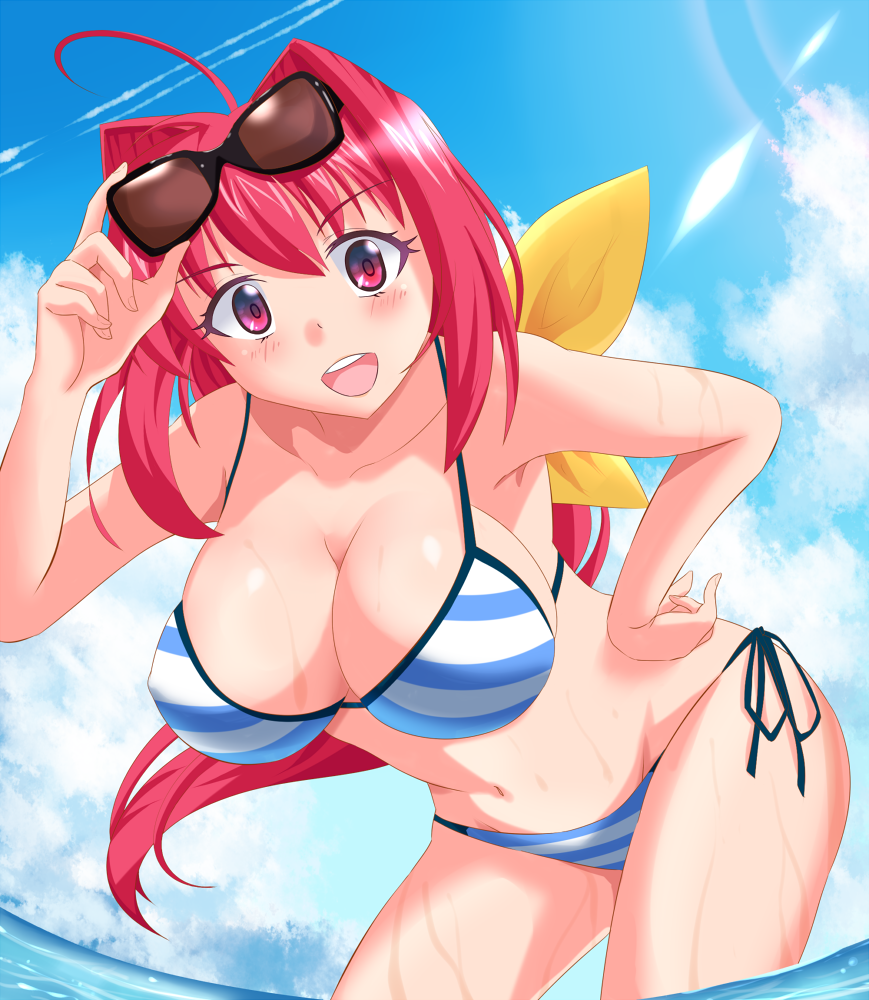 1girl, bent_over, bikini, breasts, cleavage, cureecoolan, eyewear_on_head, female_focus, kagami_sumika, large_breasts, long_hair, muv-luv, ocean, red_eyes, red_hair, solo, sunglasses, swimsuit, water