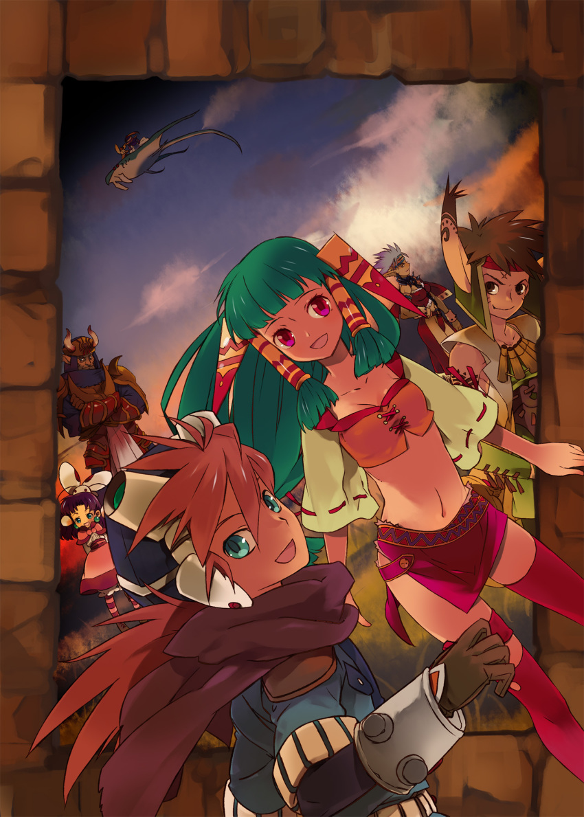 3boys, 3girls, armor, bad_id, bad_pixiv_id, blue_eyes, feena_(grandia), gadwin_(grandia)