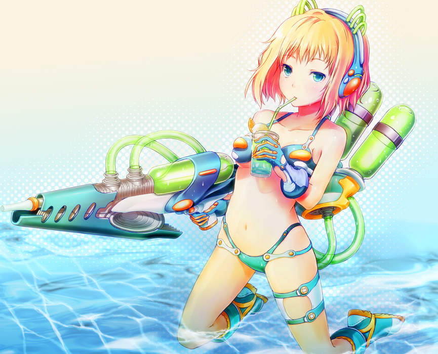 1girl, bikini, blonde_hair, blue_eyes, boots, cup, drink, drinking, drinking_straw, female_focus, food, fruit, gloves, ice_cream, ken_(fkenorat), kneeling, navel, orange_(fruit), original, short_hair, solo, swimsuit, thigh_strap, water, water_gun