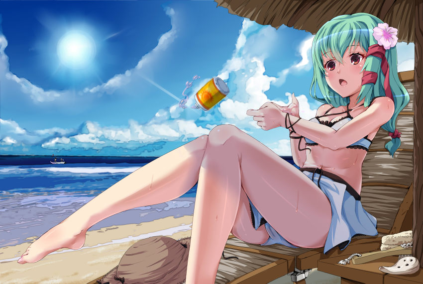 00s, 1girl, anmoto_shiika, barefoot, beach, bikini, boat, feet