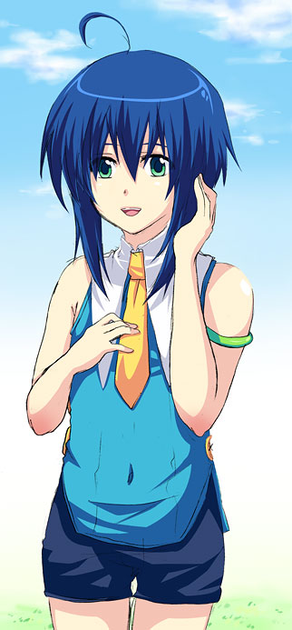 1boy, ahoge, akaboshi_imoko, androgynous, armband, blue_hair, cloud, covered_navel, green_eyes, male_focus, naisho_no_yorimichi, necktie, sakuragawa_minato, school_uniform, shorts, sky, smile, solo, trap