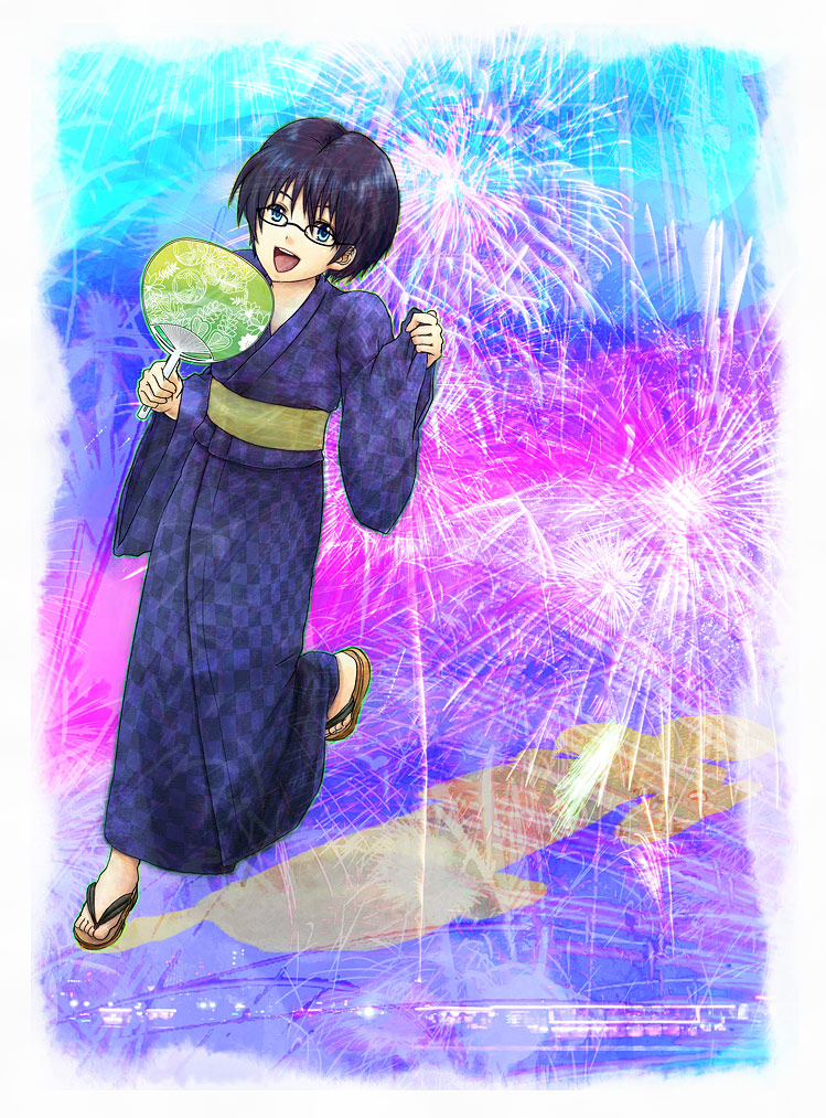 1boy, akaboshi_imoko, black_hair, blue_eyes, hand_fan, fireworks, glasses, japanese_clothes