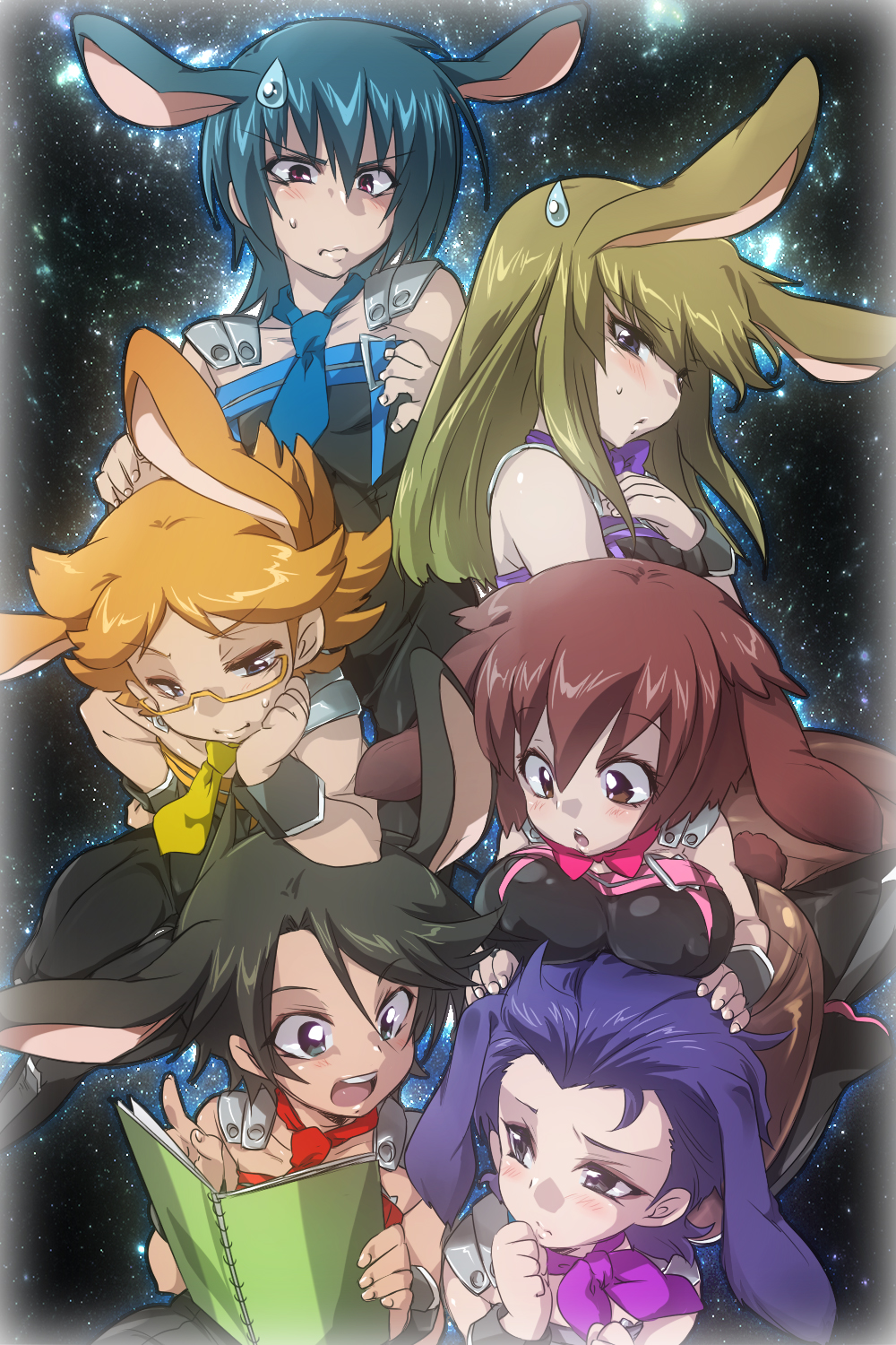 10s, 1girl, 3boys, asagi_toshikazu, bad_id, bad_pixiv_id, blue_hair, bodysuit