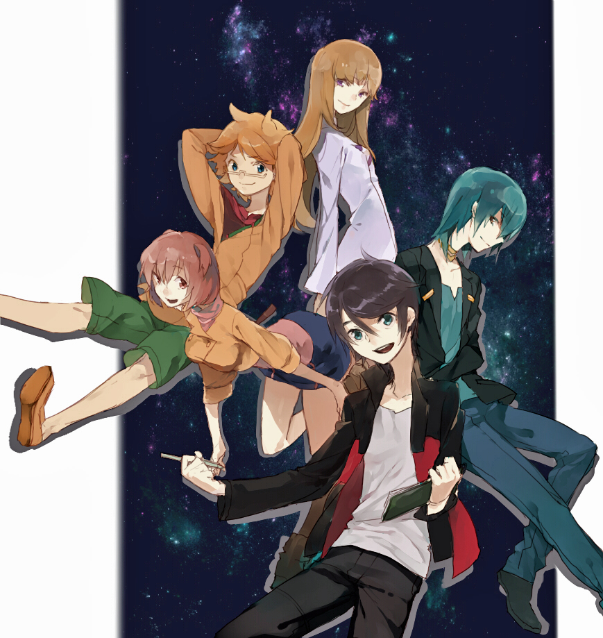 10s, 2girls, 3boys, asagi_toshikazu, black_hair, blue_hair, brown_eyes, glasses