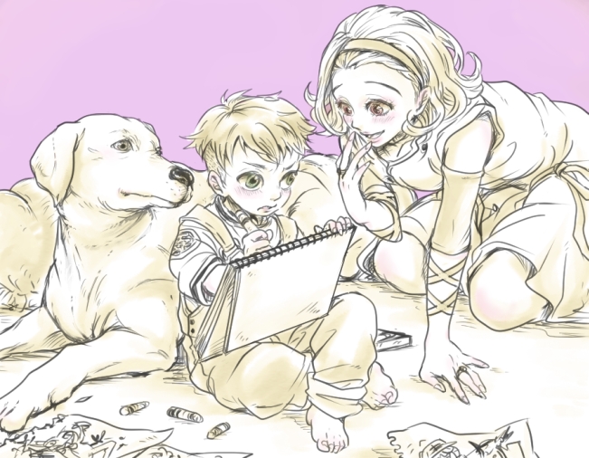 1boy, 1girl, arnold_(jojo), bad_id, bad_pixiv_id, dog, drawing, dress