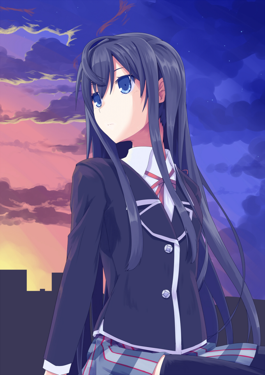 10s, 1girl, black_hair, black_thighhighs, blue_eyes, female_focus, hair_ribbon, highres