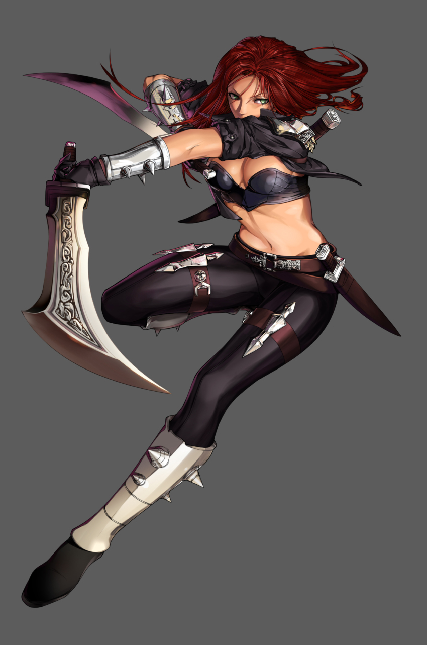1girl, bad_id, bad_pixiv_id, belly, blade, breasts, dual_wielding, female_focus