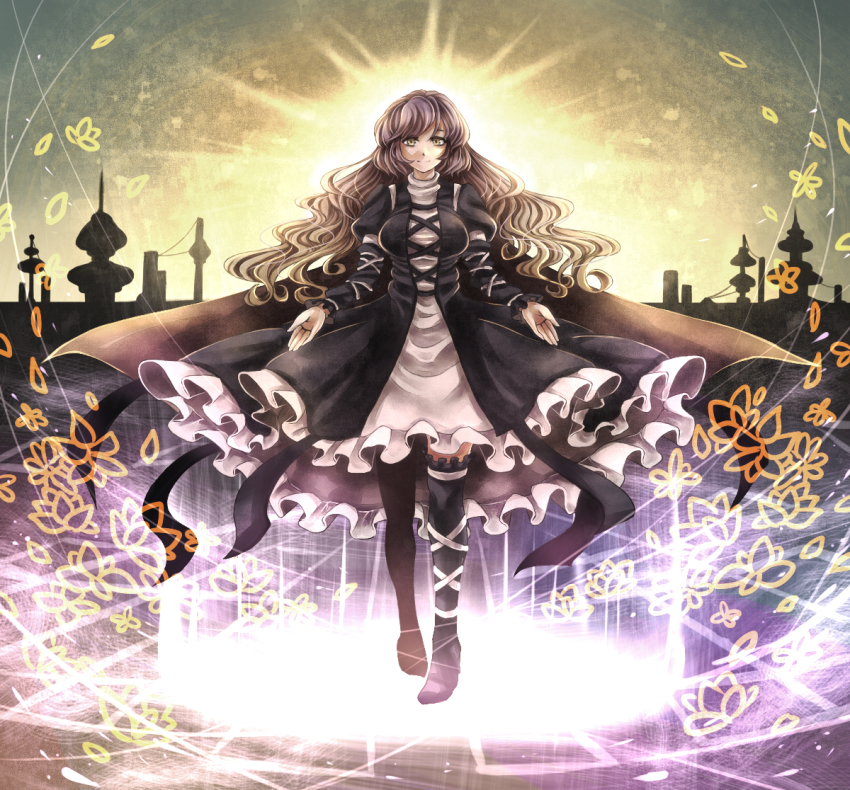 1girl, black_thighhighs, blonde_hair, boots, breasts, brown_hair, building, cape