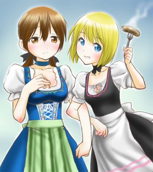 2girls, apron, bavarian, blonde_hair, blue_eyes, blush, breasts, brown_eyes