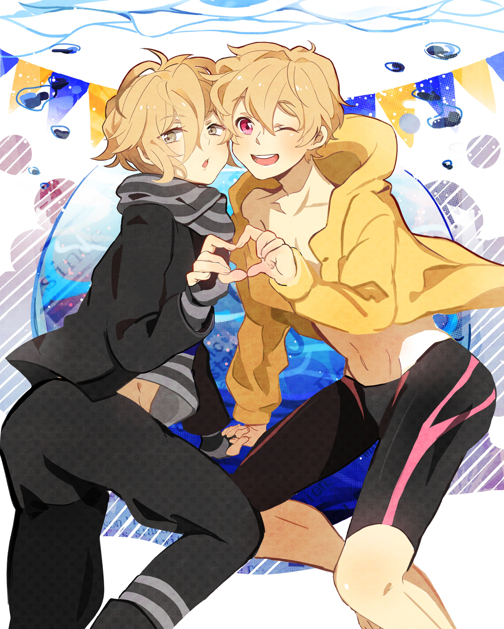 10s, 2boys, ;d, black_jammers, black_male_swimwear, blonde_hair, blush, crossover, four-finger_heart_hands, free!, hazuki_nagisa, heart, heart_hands, heart_hands_duo, highres, jacket, jammers, kyara1103, legskin, male_focus, male_swimwear, mikado_nagi, multiple_boys, navel, one_eye_closed, open_mouth, pink_eyes, season_connection, smile, swimsuit, uta_no_prince-sama, uta_no_prince-sama_maji_love_2000%, voice_actor_connection, wink, yellow_eyes, yonaga_tsubasa