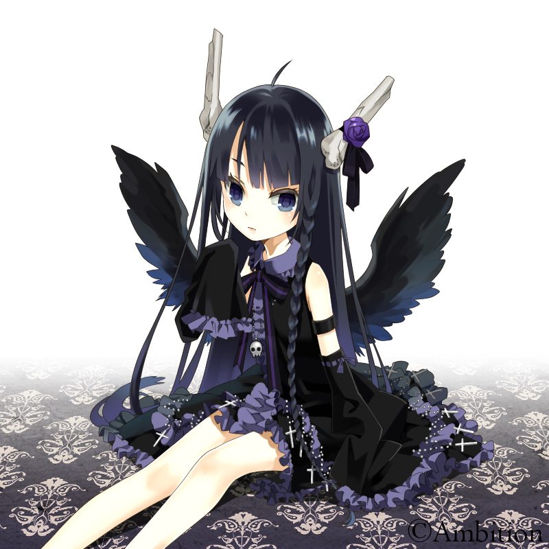 black_hair, blue_eyes, braid, copyright_name, cross, detached_sleeves, flower, gothic_lolita
