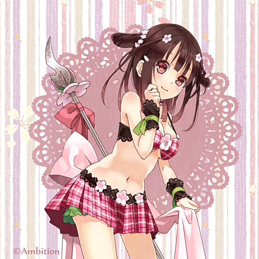 1girl, brown_hair, female_focus, flower, hair_flower, hair_ornament, himekiss, midriff