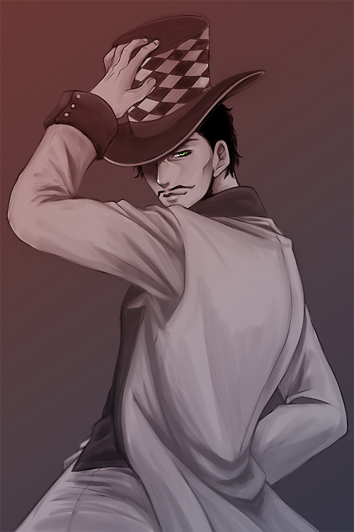 1boy, bad_id, bad_pixiv_id, black_hair, blue_eyes, facial_hair, hat, jojo_no_kimyou_na_bouken
