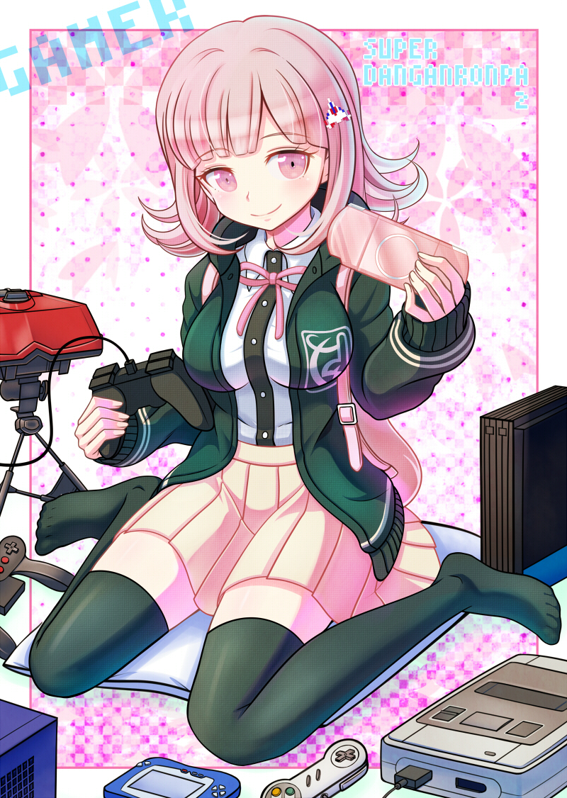 10s, 1girl, black_thighhighs, breasts, controller, danganronpa_(series), danganronpa_2:_goodbye_despair, female_focus