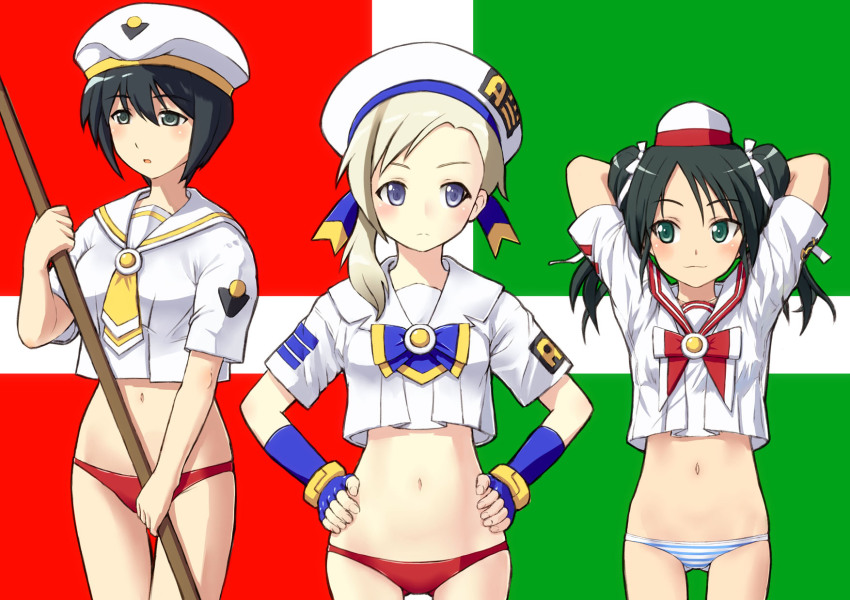 3girls, :o, aqua_eyes, aria_(manga), black_eyes, blonde_hair, blouse, blue_eyes, blush, cosplay, crop_top, crop_top_overhang, fingerless_gloves, flag, francesca_lucchini, gloves, green_hair, hands_on_own_hips, hat, highres, hirohashi_ryou, luciana_mazzei, martina_crespi, midriff, military, military_uniform, mizuhashi_kaori, multiple_girls, naval_uniform, navel, no_pants, open_mouth, owa_(ishtail), panties, red_panties, saitou_chiwa, shirt, smile, strike_witches, strike_witches:_kurenai_no_majo-tachi, striped_clothes, striped_panties, underwear, voice_actor_connection, white_shirt, world_witches_series
