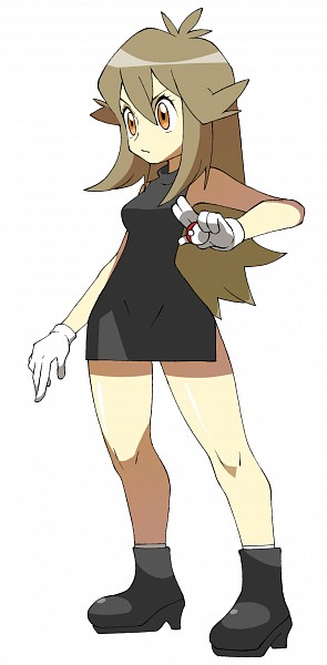 1990s_(style), 1girl, bare_legs, black_dress, black_footwear, boots, brown_hair, dress, gloves, green_(pokemon), little_black_dress, long_hair, nintendo, poke_ball, pokemon, pokemon_red/green/blue/yellow, retro_artstyle, shigino_sohuzi, white_gloves, wide_hips
