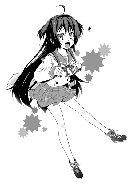 1girl, ahoge, female_focus, greyscale, kono_bushitsu_wa_kitaku_shinai_bu_ga_senkyo_shimashita., kouji_(campus_life), long_hair, monochrome