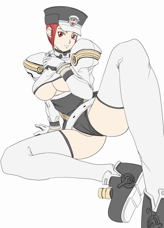 1girl, atlus, belt, boots, breasts, cameltoe, female_focus, gloves, gouketsuji_ichizoku, groove_on_fight, hat, legs, leotard, looking_at_viewer, mitake_2000, police, police_uniform, policewoman, red_eyes, red_hair, short_hair, shoulder_pads, simple_background, sitting, smile, solis_r8000, solo, thighhighs, underboob, white_background