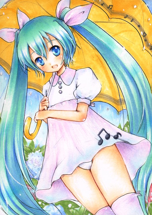 1girl, aqua_eyes, aqua_hair, dress, female_focus, flower, hair_ribbon, hatsune_miku