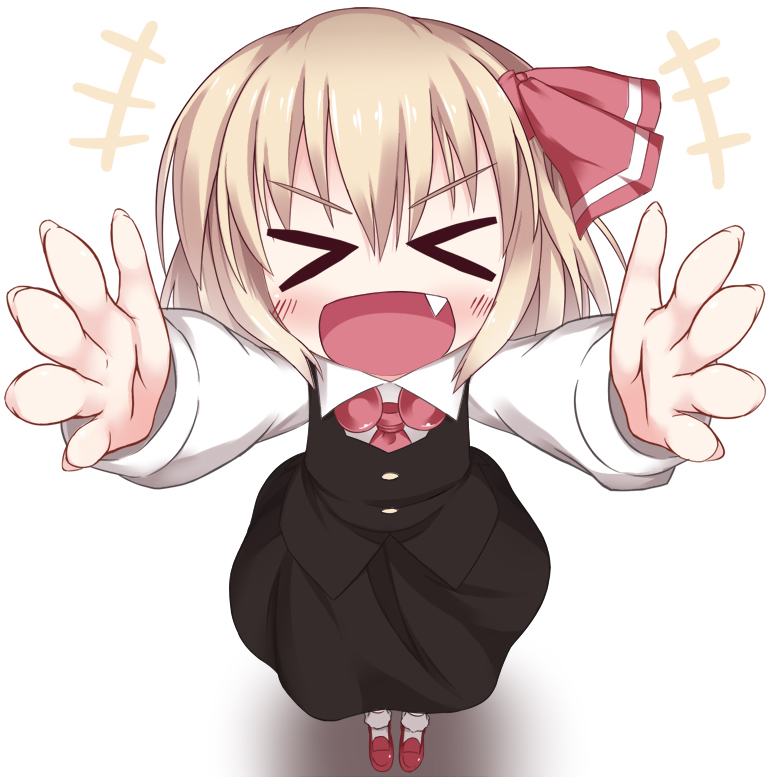 >:d, >_<, 1girl, :d, black_dress, blonde_hair, carry_me, closed_eyes