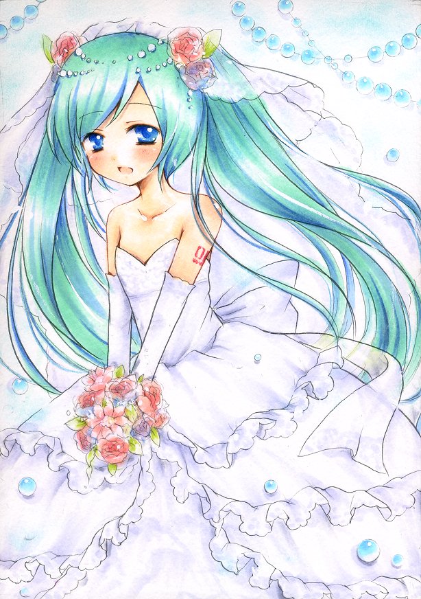 1girl, blue_eyes, bouquet, dress, elbow_gloves, female_focus, flower, gloves